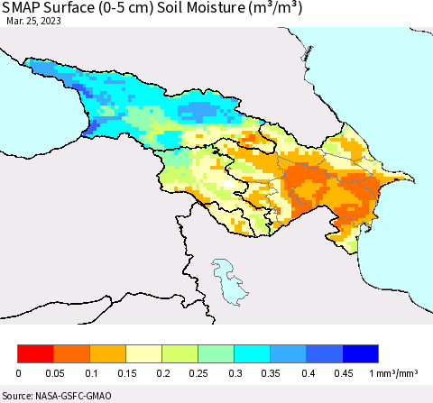 Azerbaijan, Armenia and Georgia SMAP Surface (0-5 cm) Soil Moisture (m³/m³) Thematic Map For 3/21/2023 - 3/25/2023