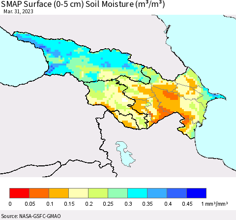Azerbaijan, Armenia and Georgia SMAP Surface (0-5 cm) Soil Moisture (m³/m³) Thematic Map For 3/26/2023 - 3/31/2023