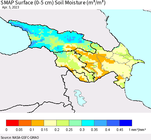 Azerbaijan, Armenia and Georgia SMAP Surface (0-5 cm) Soil Moisture (m³/m³) Thematic Map For 4/1/2023 - 4/5/2023