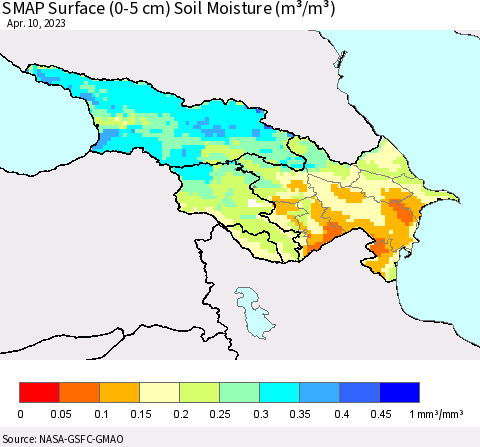 Azerbaijan, Armenia and Georgia SMAP Surface (0-5 cm) Soil Moisture (m³/m³) Thematic Map For 4/6/2023 - 4/10/2023