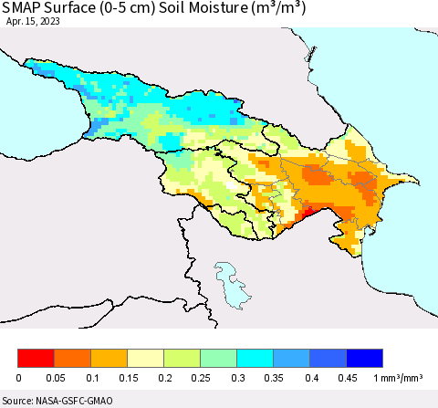 Azerbaijan, Armenia and Georgia SMAP Surface (0-5 cm) Soil Moisture (m³/m³) Thematic Map For 4/11/2023 - 4/15/2023