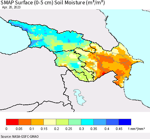 Azerbaijan, Armenia and Georgia SMAP Surface (0-5 cm) Soil Moisture (m³/m³) Thematic Map For 4/16/2023 - 4/20/2023