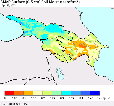 Azerbaijan, Armenia and Georgia SMAP Surface (0-5 cm) Soil Moisture (m³/m³) Thematic Map For 4/21/2023 - 4/25/2023