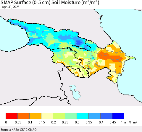 Azerbaijan, Armenia and Georgia SMAP Surface (0-5 cm) Soil Moisture (m³/m³) Thematic Map For 4/26/2023 - 4/30/2023
