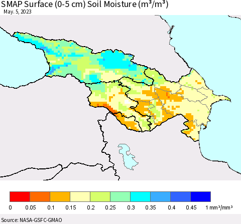 Azerbaijan, Armenia and Georgia SMAP Surface (0-5 cm) Soil Moisture (m³/m³) Thematic Map For 5/1/2023 - 5/5/2023