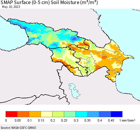 Azerbaijan, Armenia and Georgia SMAP Surface (0-5 cm) Soil Moisture (m³/m³) Thematic Map For 5/6/2023 - 5/10/2023