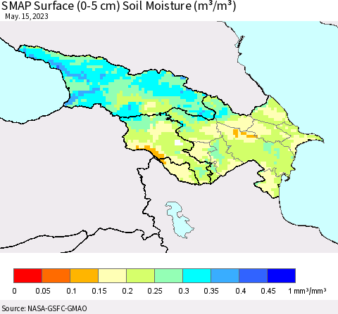 Azerbaijan, Armenia and Georgia SMAP Surface (0-5 cm) Soil Moisture (m³/m³) Thematic Map For 5/11/2023 - 5/15/2023