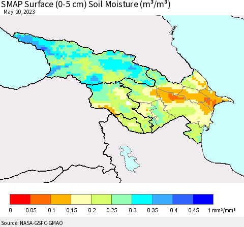 Azerbaijan, Armenia and Georgia SMAP Surface (0-5 cm) Soil Moisture (m³/m³) Thematic Map For 5/16/2023 - 5/20/2023