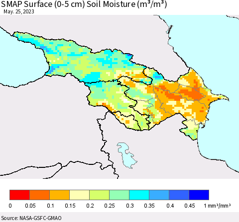 Azerbaijan, Armenia and Georgia SMAP Surface (0-5 cm) Soil Moisture (m³/m³) Thematic Map For 5/21/2023 - 5/25/2023