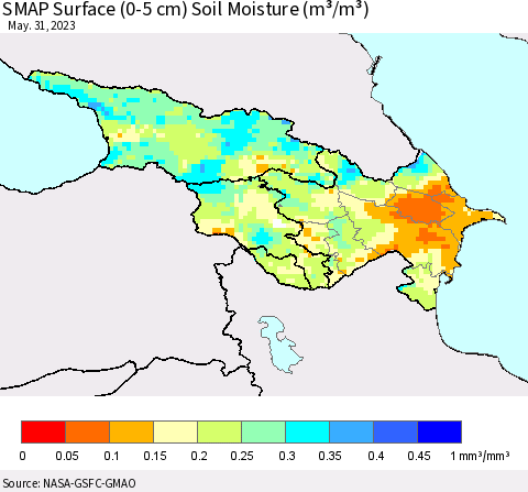 Azerbaijan, Armenia and Georgia SMAP Surface (0-5 cm) Soil Moisture (m³/m³) Thematic Map For 5/26/2023 - 5/31/2023