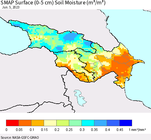 Azerbaijan, Armenia and Georgia SMAP Surface (0-5 cm) Soil Moisture (m³/m³) Thematic Map For 6/1/2023 - 6/5/2023