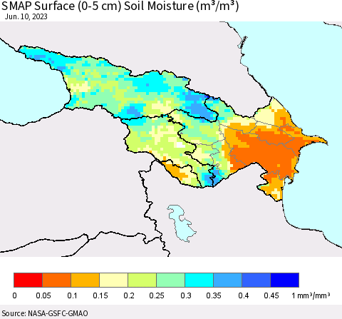 Azerbaijan, Armenia and Georgia SMAP Surface (0-5 cm) Soil Moisture (m³/m³) Thematic Map For 6/6/2023 - 6/10/2023