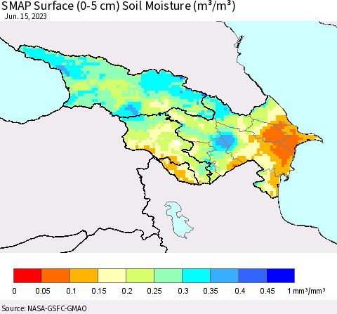Azerbaijan, Armenia and Georgia SMAP Surface (0-5 cm) Soil Moisture (m³/m³) Thematic Map For 6/11/2023 - 6/15/2023