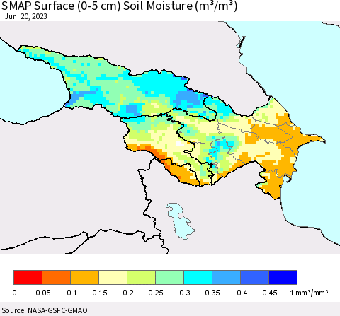 Azerbaijan, Armenia and Georgia SMAP Surface (0-5 cm) Soil Moisture (m³/m³) Thematic Map For 6/16/2023 - 6/20/2023