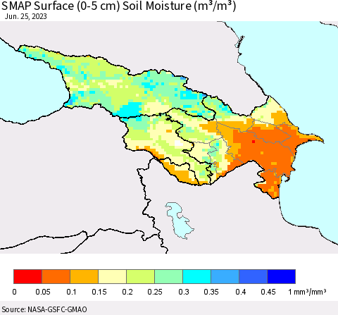Azerbaijan, Armenia and Georgia SMAP Surface (0-5 cm) Soil Moisture (m³/m³) Thematic Map For 6/21/2023 - 6/25/2023