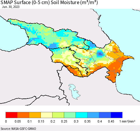 Azerbaijan, Armenia and Georgia SMAP Surface (0-5 cm) Soil Moisture (m³/m³) Thematic Map For 6/26/2023 - 6/30/2023