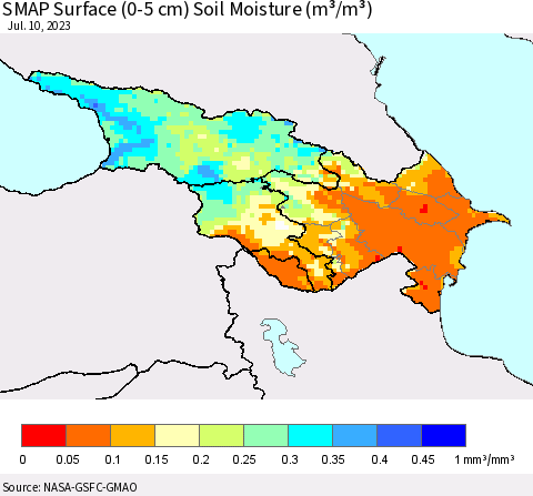 Azerbaijan, Armenia and Georgia SMAP Surface (0-5 cm) Soil Moisture (m³/m³) Thematic Map For 7/6/2023 - 7/10/2023