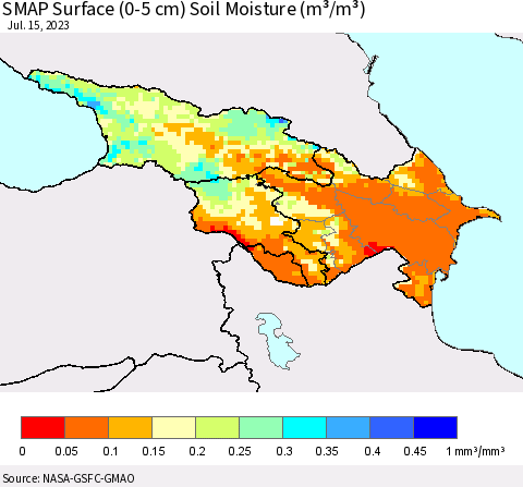 Azerbaijan, Armenia and Georgia SMAP Surface (0-5 cm) Soil Moisture (m³/m³) Thematic Map For 7/11/2023 - 7/15/2023