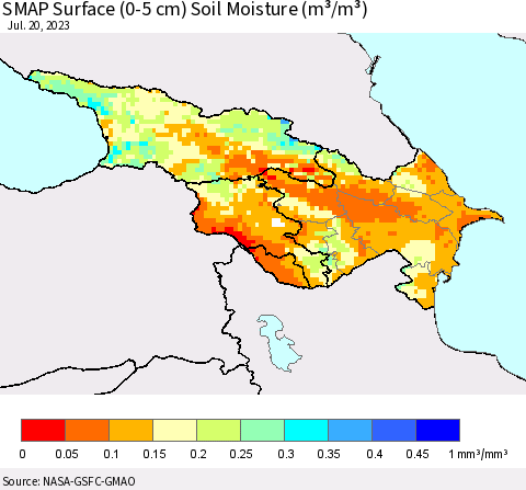 Azerbaijan, Armenia and Georgia SMAP Surface (0-5 cm) Soil Moisture (m³/m³) Thematic Map For 7/16/2023 - 7/20/2023