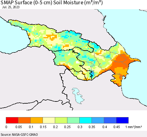 Azerbaijan, Armenia and Georgia SMAP Surface (0-5 cm) Soil Moisture (m³/m³) Thematic Map For 7/21/2023 - 7/25/2023