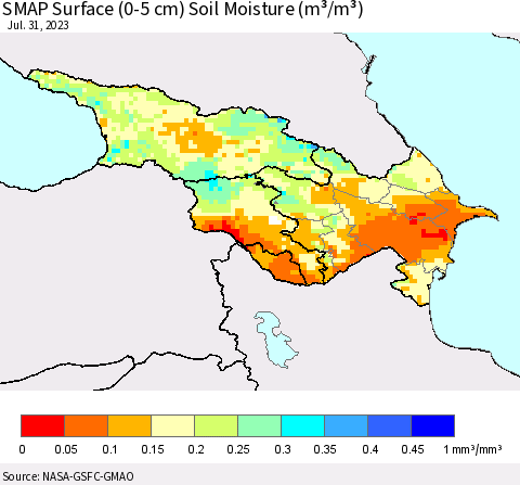 Azerbaijan, Armenia and Georgia SMAP Surface (0-5 cm) Soil Moisture (m³/m³) Thematic Map For 7/26/2023 - 7/31/2023