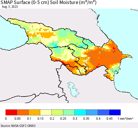 Azerbaijan, Armenia and Georgia SMAP Surface (0-5 cm) Soil Moisture (m³/m³) Thematic Map For 8/1/2023 - 8/5/2023