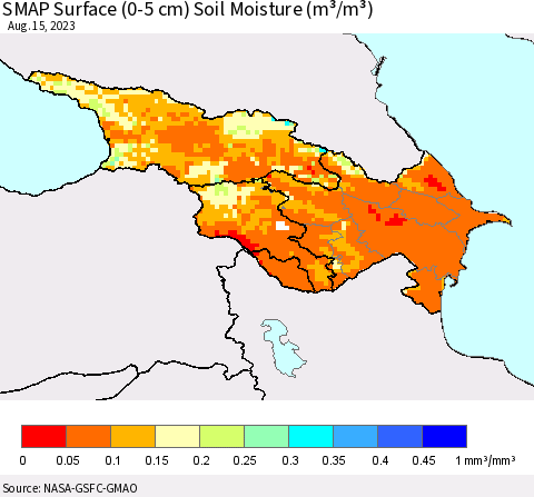 Azerbaijan, Armenia and Georgia SMAP Surface (0-5 cm) Soil Moisture (m³/m³) Thematic Map For 8/11/2023 - 8/15/2023