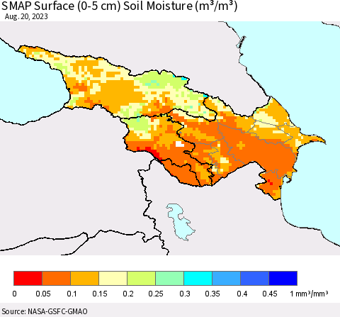 Azerbaijan, Armenia and Georgia SMAP Surface (0-5 cm) Soil Moisture (m³/m³) Thematic Map For 8/16/2023 - 8/20/2023