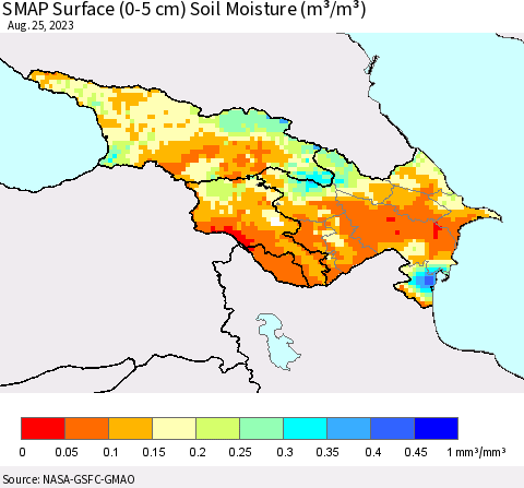 Azerbaijan, Armenia and Georgia SMAP Surface (0-5 cm) Soil Moisture (m³/m³) Thematic Map For 8/21/2023 - 8/25/2023