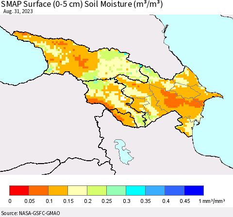 Azerbaijan, Armenia and Georgia SMAP Surface (0-5 cm) Soil Moisture (m³/m³) Thematic Map For 8/26/2023 - 8/31/2023