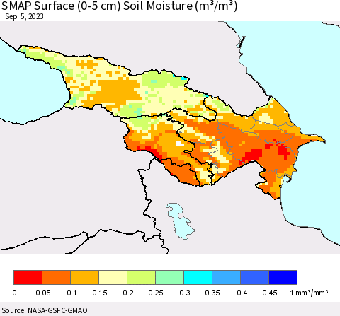 Azerbaijan, Armenia and Georgia SMAP Surface (0-5 cm) Soil Moisture (m³/m³) Thematic Map For 9/1/2023 - 9/5/2023