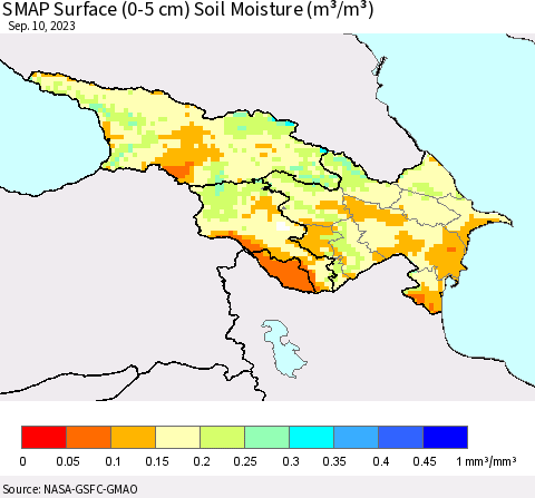 Azerbaijan, Armenia and Georgia SMAP Surface (0-5 cm) Soil Moisture (m³/m³) Thematic Map For 9/6/2023 - 9/10/2023