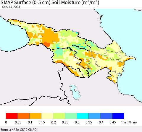 Azerbaijan, Armenia and Georgia SMAP Surface (0-5 cm) Soil Moisture (m³/m³) Thematic Map For 9/11/2023 - 9/15/2023