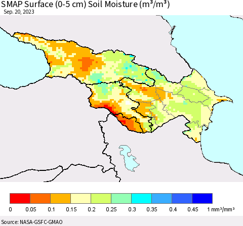Azerbaijan, Armenia and Georgia SMAP Surface (0-5 cm) Soil Moisture (m³/m³) Thematic Map For 9/16/2023 - 9/20/2023