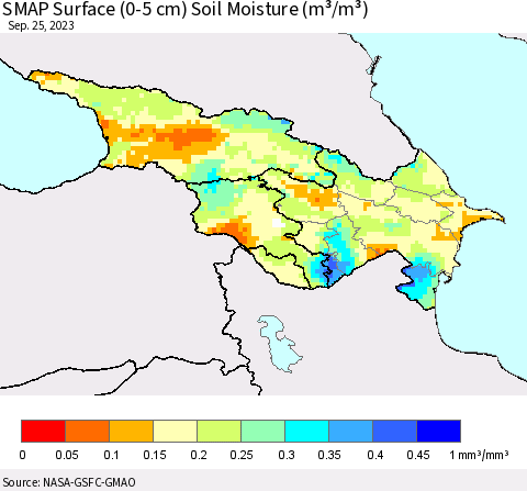 Azerbaijan, Armenia and Georgia SMAP Surface (0-5 cm) Soil Moisture (m³/m³) Thematic Map For 9/21/2023 - 9/25/2023