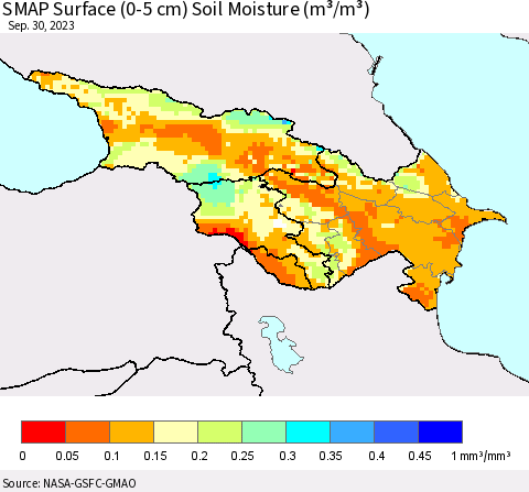 Azerbaijan, Armenia and Georgia SMAP Surface (0-5 cm) Soil Moisture (m³/m³) Thematic Map For 9/26/2023 - 9/30/2023
