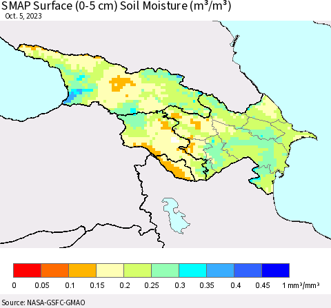 Azerbaijan, Armenia and Georgia SMAP Surface (0-5 cm) Soil Moisture (m³/m³) Thematic Map For 10/1/2023 - 10/5/2023