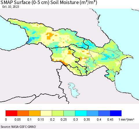 Azerbaijan, Armenia and Georgia SMAP Surface (0-5 cm) Soil Moisture (m³/m³) Thematic Map For 10/6/2023 - 10/10/2023