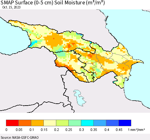 Azerbaijan, Armenia and Georgia SMAP Surface (0-5 cm) Soil Moisture (m³/m³) Thematic Map For 10/11/2023 - 10/15/2023