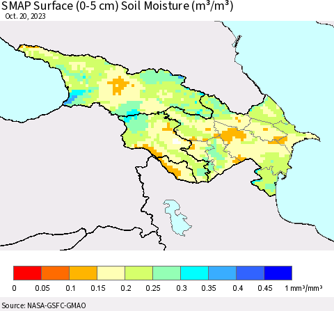 Azerbaijan, Armenia and Georgia SMAP Surface (0-5 cm) Soil Moisture (m³/m³) Thematic Map For 10/16/2023 - 10/20/2023