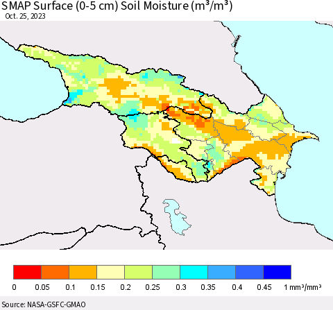 Azerbaijan, Armenia and Georgia SMAP Surface (0-5 cm) Soil Moisture (m³/m³) Thematic Map For 10/21/2023 - 10/25/2023
