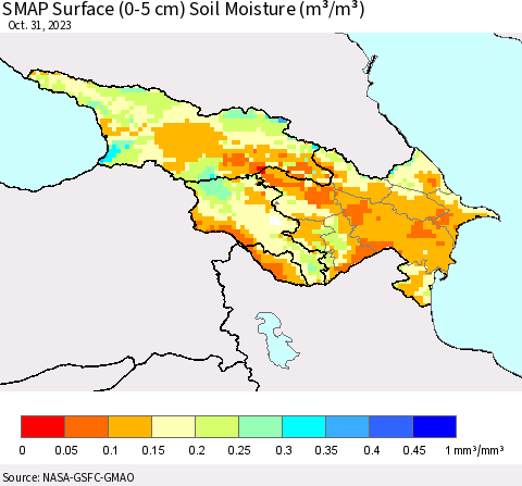 Azerbaijan, Armenia and Georgia SMAP Surface (0-5 cm) Soil Moisture (m³/m³) Thematic Map For 10/26/2023 - 10/31/2023