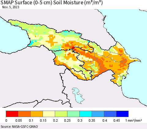 Azerbaijan, Armenia and Georgia SMAP Surface (0-5 cm) Soil Moisture (m³/m³) Thematic Map For 11/1/2023 - 11/5/2023