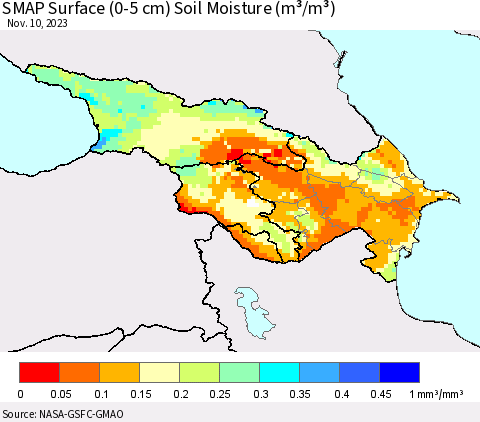 Azerbaijan, Armenia and Georgia SMAP Surface (0-5 cm) Soil Moisture (m³/m³) Thematic Map For 11/6/2023 - 11/10/2023
