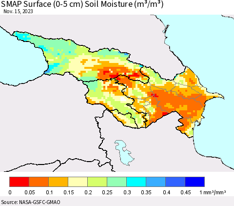 Azerbaijan, Armenia and Georgia SMAP Surface (0-5 cm) Soil Moisture (m³/m³) Thematic Map For 11/11/2023 - 11/15/2023