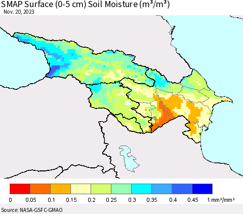 Azerbaijan, Armenia and Georgia SMAP Surface (0-5 cm) Soil Moisture (m³/m³) Thematic Map For 11/16/2023 - 11/20/2023