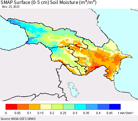 Azerbaijan, Armenia and Georgia SMAP Surface (0-5 cm) Soil Moisture (m³/m³) Thematic Map For 11/21/2023 - 11/25/2023