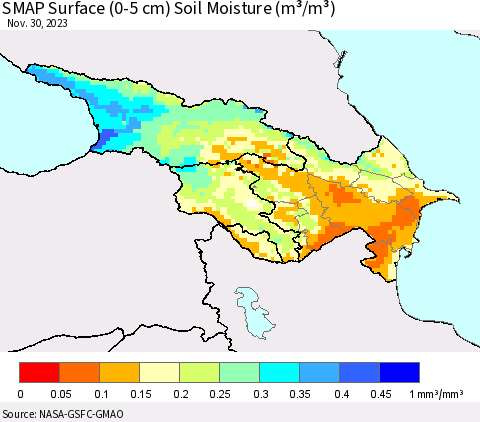 Azerbaijan, Armenia and Georgia SMAP Surface (0-5 cm) Soil Moisture (m³/m³) Thematic Map For 11/26/2023 - 11/30/2023