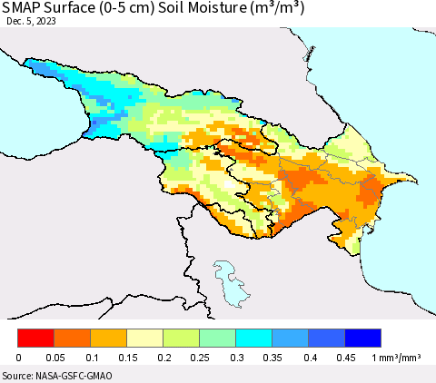 Azerbaijan, Armenia and Georgia SMAP Surface (0-5 cm) Soil Moisture (m³/m³) Thematic Map For 12/1/2023 - 12/5/2023
