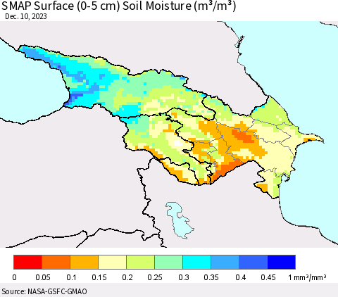 Azerbaijan, Armenia and Georgia SMAP Surface (0-5 cm) Soil Moisture (m³/m³) Thematic Map For 12/6/2023 - 12/10/2023